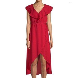 Walter‎ Baker Dress XS Red Hi Lo V Neck Ruffles W70784 Tie Waist Asymmetrical